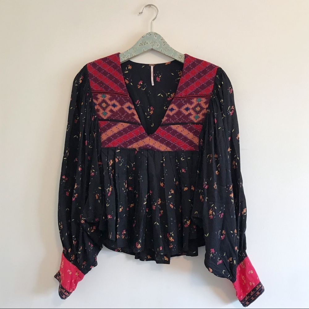 Free People Lady Lou Patterned Blouse Black and Pink